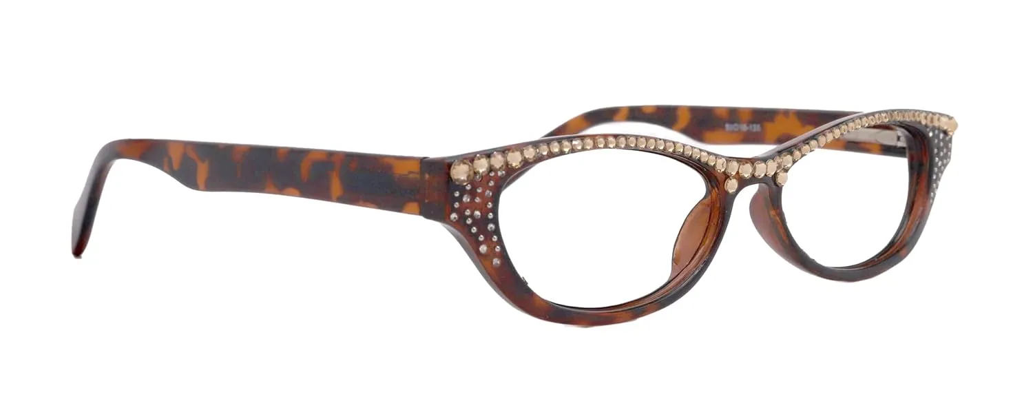 Bling) Reading Glasses 4 Women W (Full Top) (Ligth Colorado) Genuine European Crystal, Magnifying Cat Eye (Brown, Leopard) NY Fifth Avenue