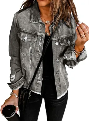 EVALESS Womens Boyfriend Washed Crop Denim Jean Jacket Coat