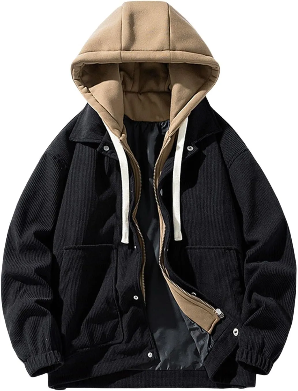 Mens Corduroy Jacket Hooded Thicken Fleece Warm Winter Coats Fake Two-Piece Zipper Drawstring Fashion Thermal Outwear