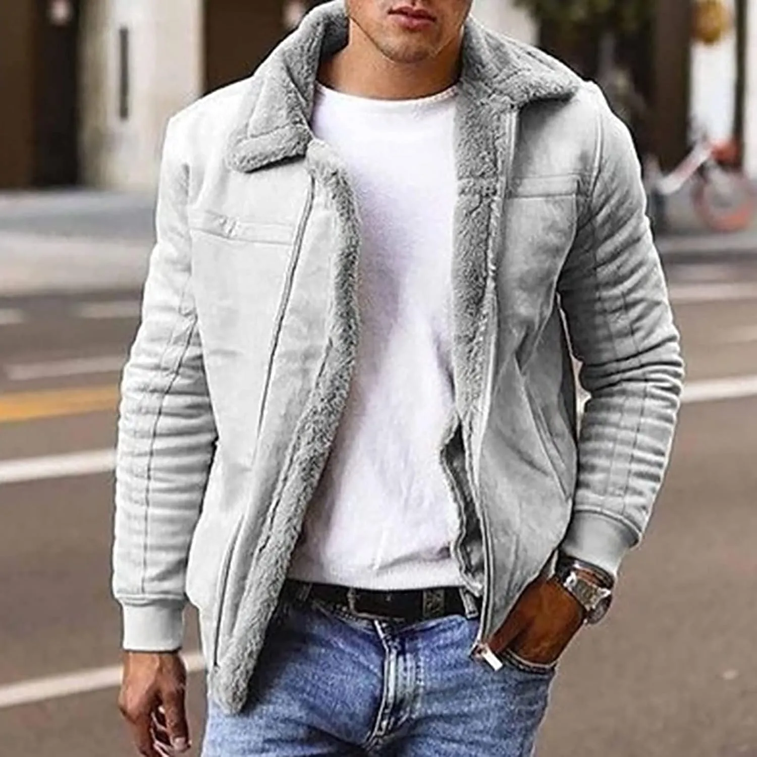 Mens Faux Pu Sherpa Fleece Lined Jacket Zip Up Trucker Jackets Fur Collar Warm Trench Coat with Pockets