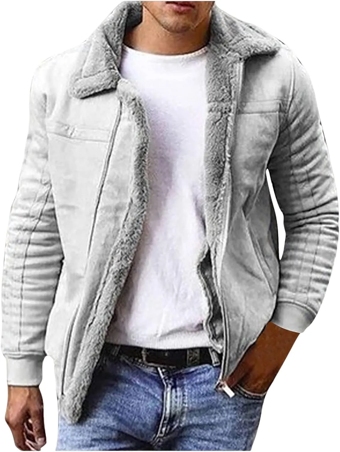Mens Faux Pu Sherpa Fleece Lined Jacket Zip Up Trucker Jackets Fur Collar Warm Trench Coat with Pockets