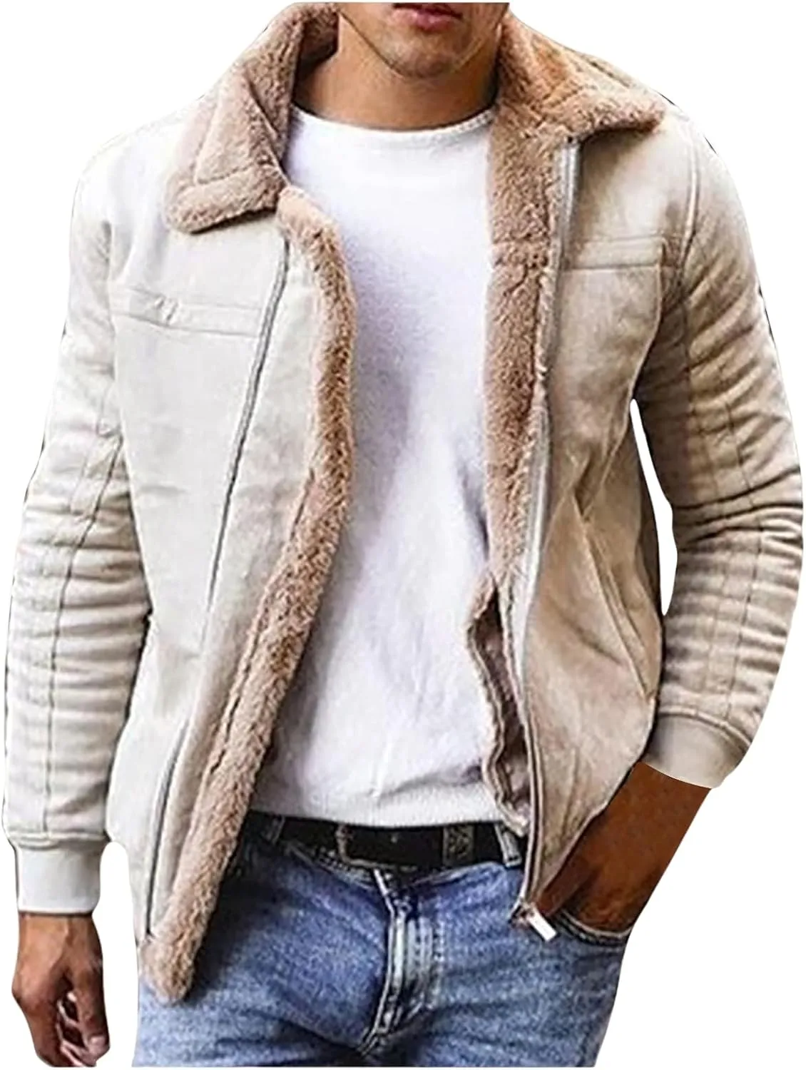Mens Faux Pu Sherpa Fleece Lined Jacket Zip Up Trucker Jackets Fur Collar Warm Trench Coat with Pockets