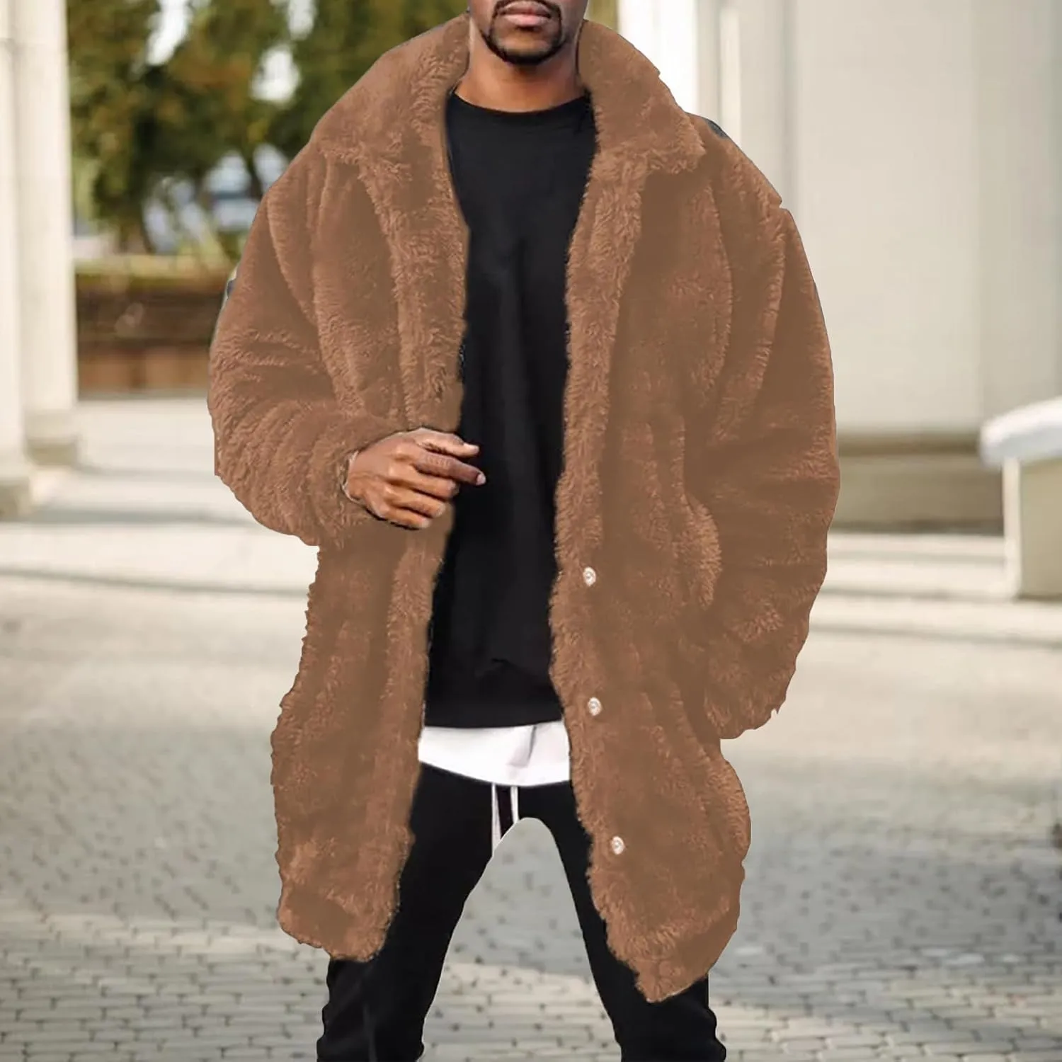 Mens Fuzzy Sherpa Mid Length Coat Button Down Front with Pockets, Luxury Faux Fur Coat Jacket with Thick Mink Fur