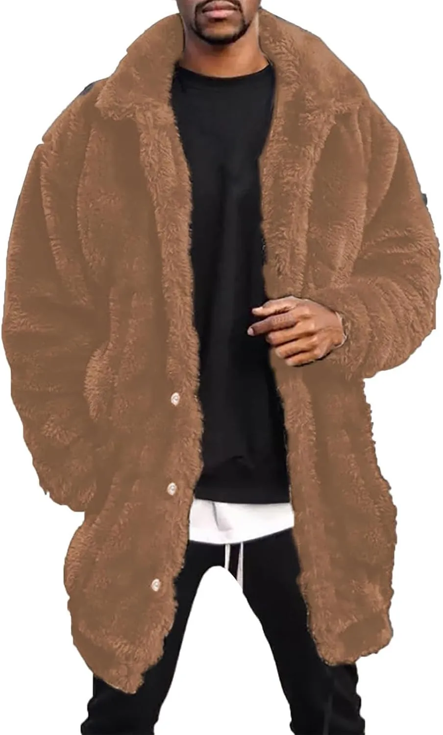 Mens Fuzzy Sherpa Mid Length Coat Button Down Front with Pockets, Luxury Faux Fur Coat Jacket with Thick Mink Fur