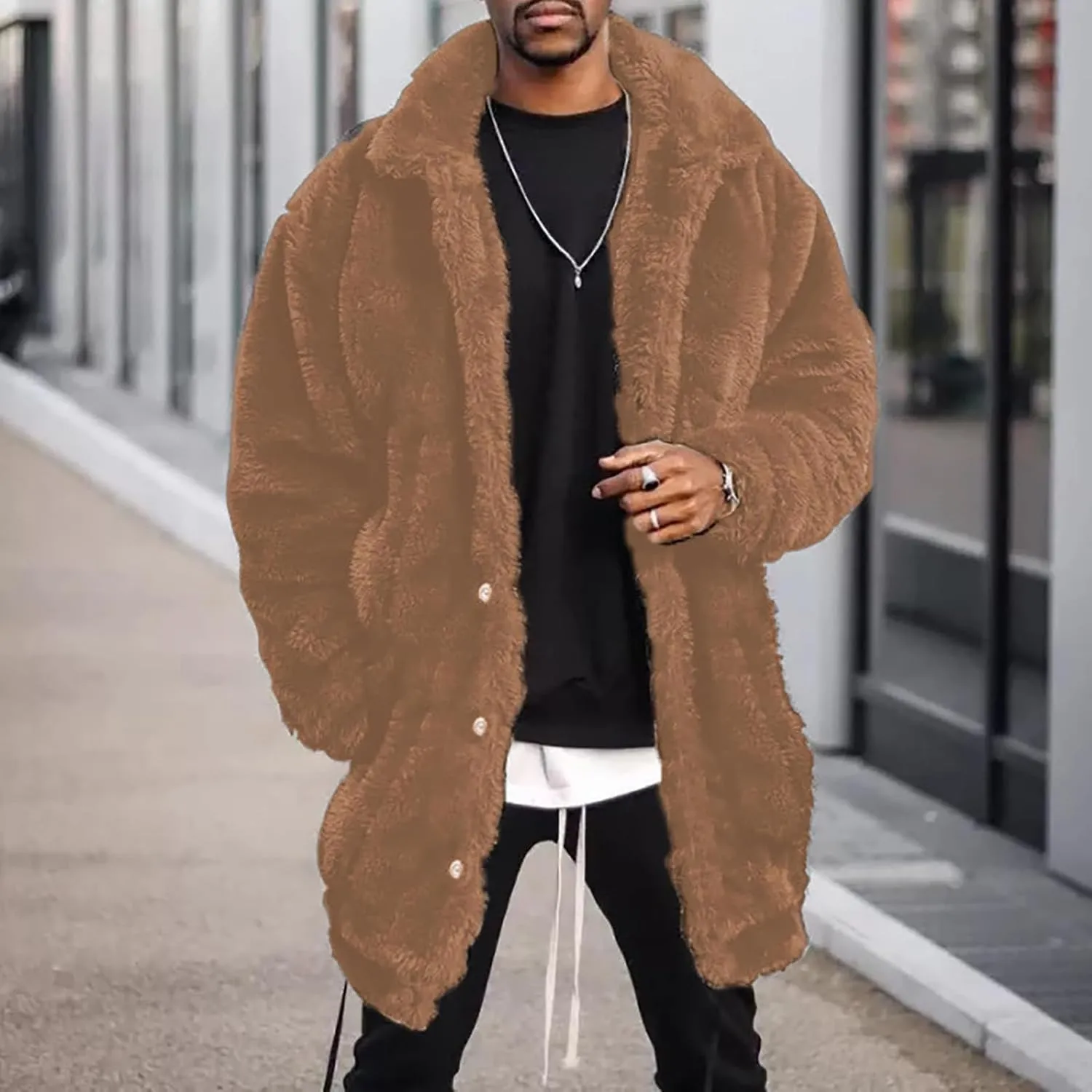 Mens Fuzzy Sherpa Mid Length Coat Button Down Front with Pockets, Luxury Faux Fur Coat Jacket with Thick Mink Fur