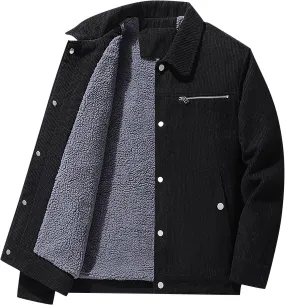 Mens Jacket Winter Corduroy Thickened Zip Up Heavyweight Jackets Warm Sherpa Lined Fleece Loose Coat, XL-5XL