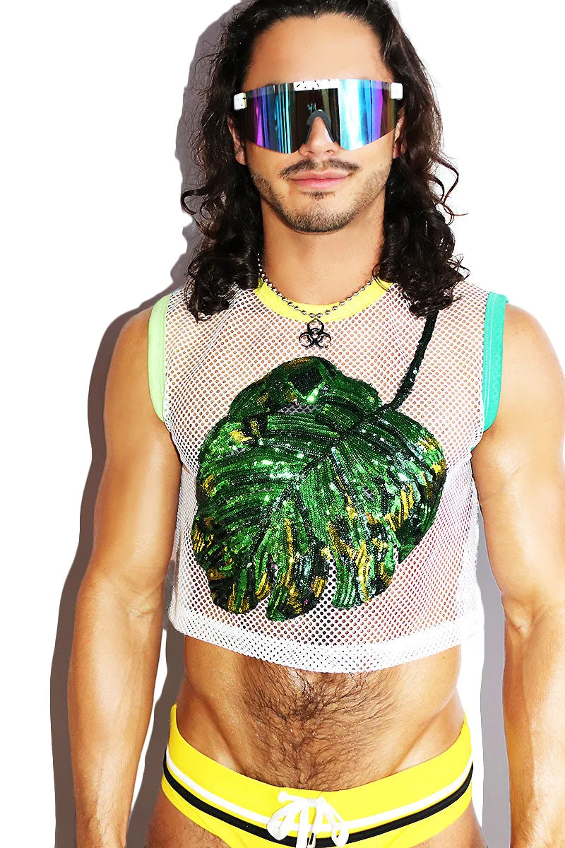 Monstera Leaf Mesh Crop Tank- White