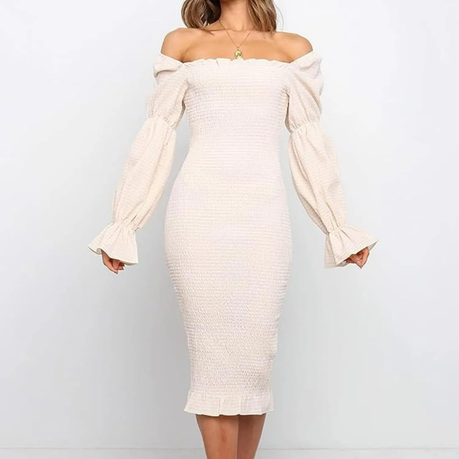 Plaid Off Shoulder Bodycon Midi Smocked Maternity Dress Baby Shower Dress for Photography