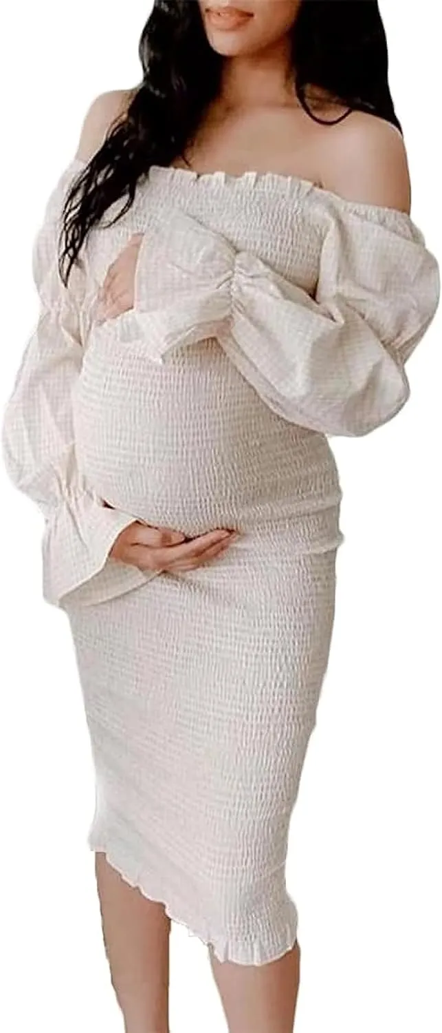 Plaid Off Shoulder Bodycon Midi Smocked Maternity Dress Baby Shower Dress for Photography