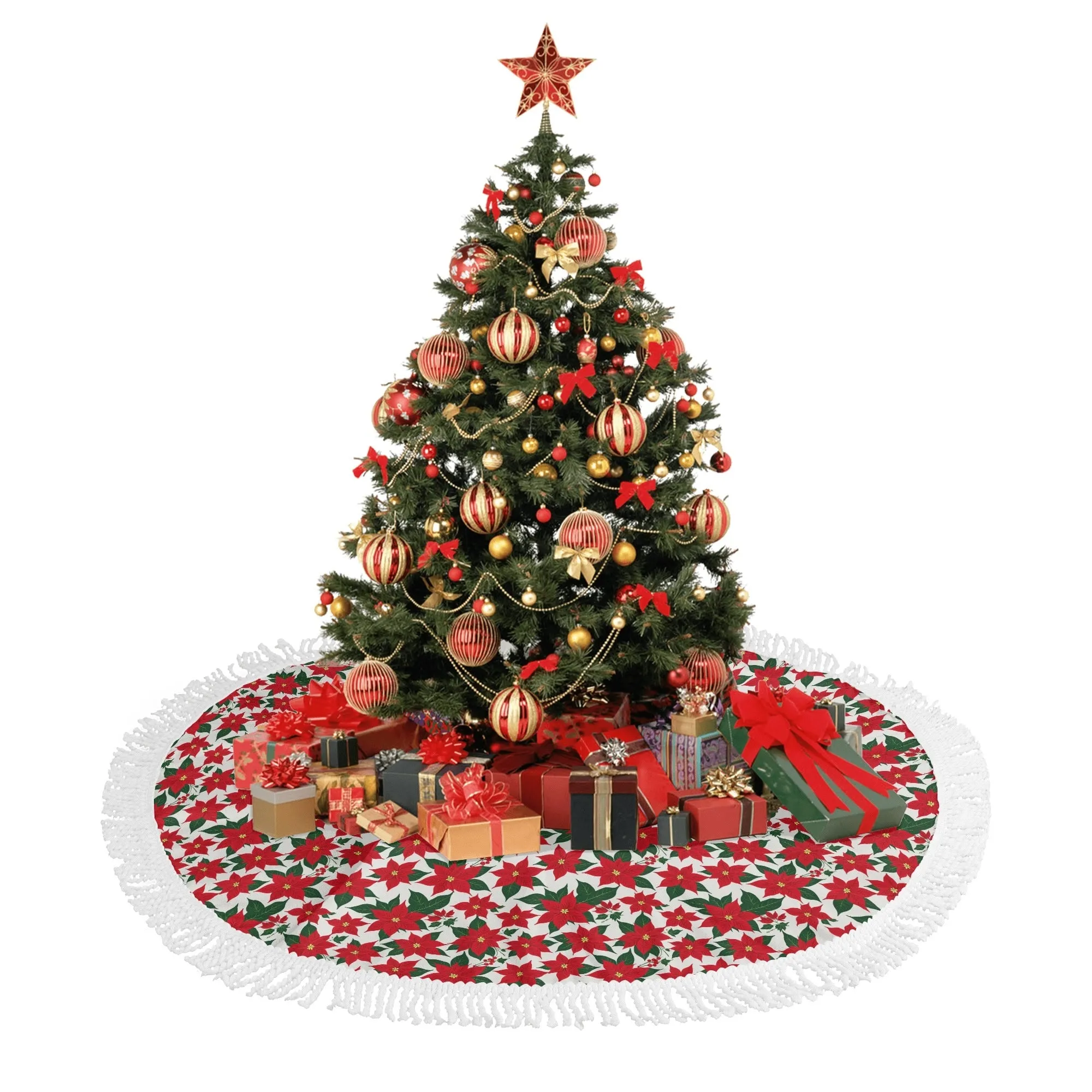 Poinsettia Floral Fringed Christmas Tree Skirts