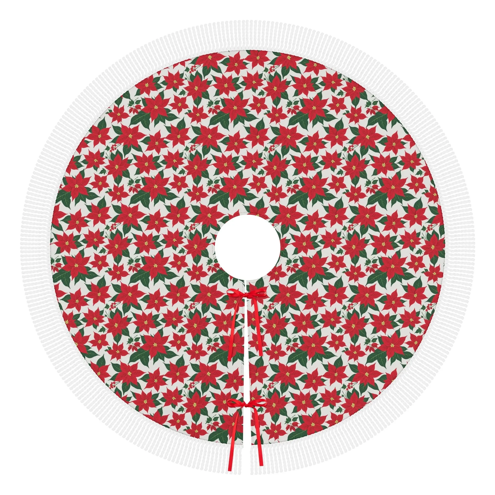 Poinsettia Floral Fringed Christmas Tree Skirts