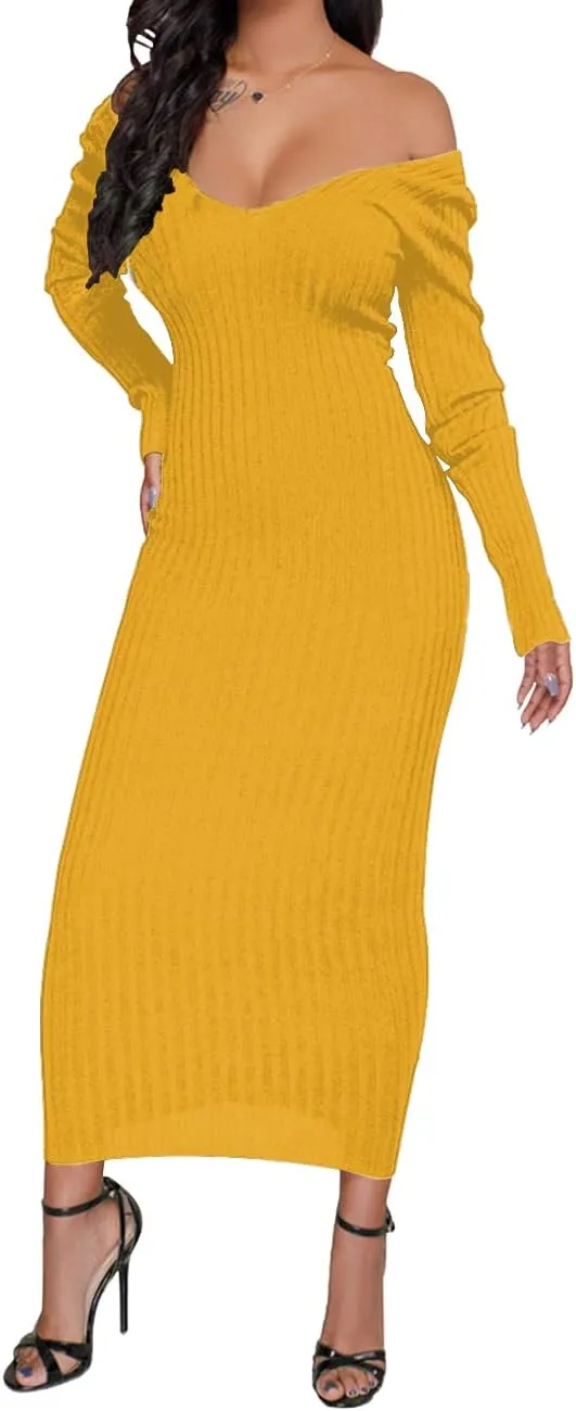 SheKiss Womens Off Shoulder Plus Size Work Business Sweater Dresses Long Sleeves Bodycon Cardigans Outfits