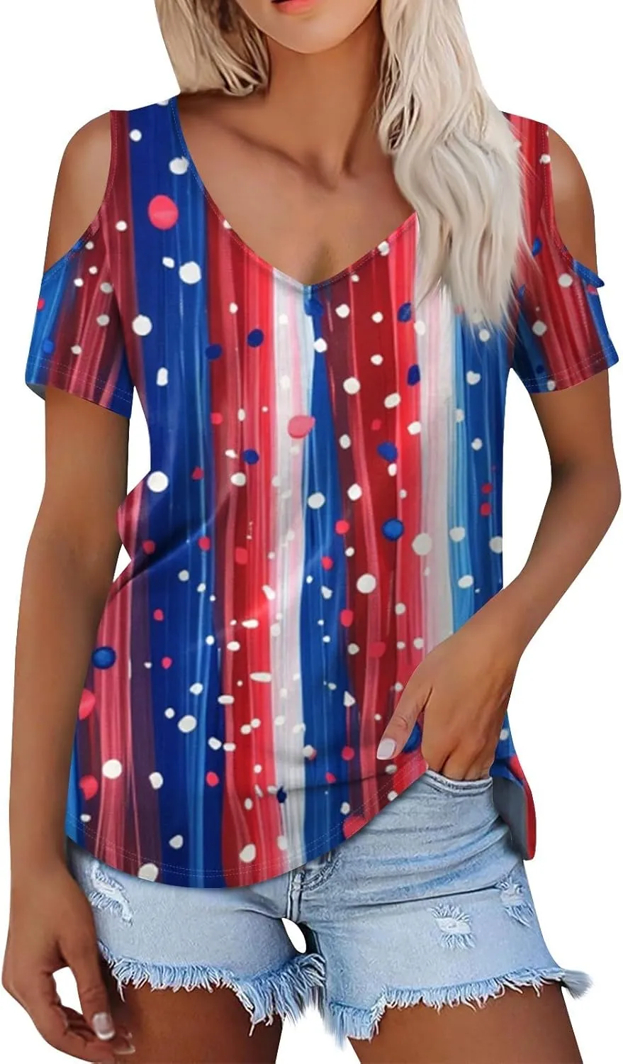 Summer Tops for Women 2025 Tunic Top Short Sleeve Cold Shoulder Shirts V Neck Loose Fit Basic Casual Tops Blouse