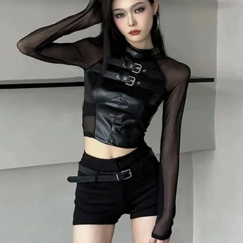 'Sweetspot' Black Long Sleeve Buckle Crop Top