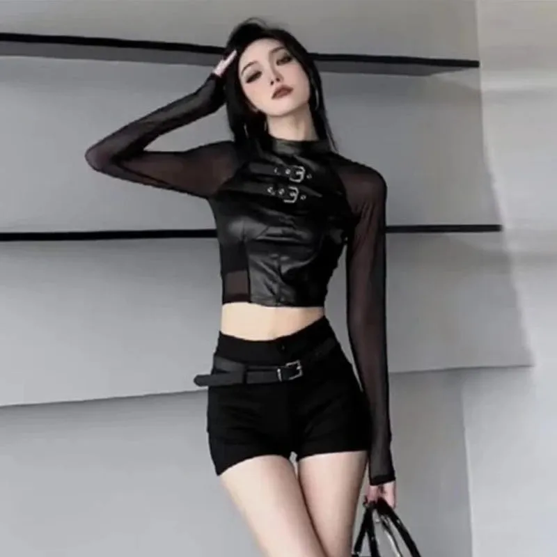 'Sweetspot' Black Long Sleeve Buckle Crop Top