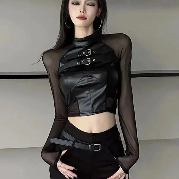 'Sweetspot' Black Long Sleeve Buckle Crop Top