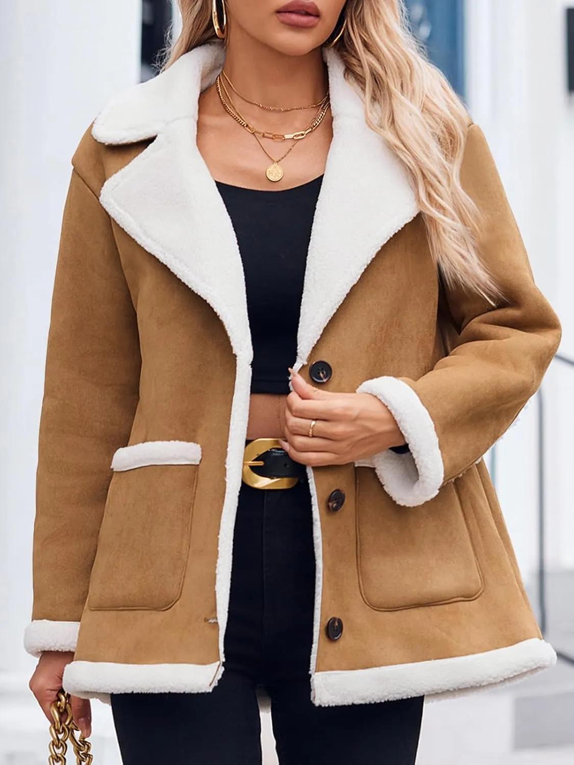 Tankaneo Womens Faux Sherpa-Lined Jackets Fuzzy Fleece Lapel Long Sleeve Coat Suede Winter Warm Outerwear