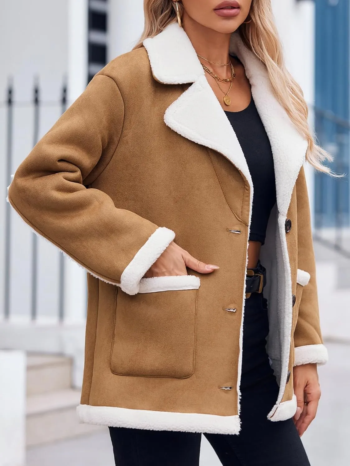 Tankaneo Womens Faux Sherpa-Lined Jackets Fuzzy Fleece Lapel Long Sleeve Coat Suede Winter Warm Outerwear