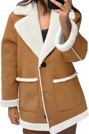 Tankaneo Womens Faux Sherpa-Lined Jackets Fuzzy Fleece Lapel Long Sleeve Coat Suede Winter Warm Outerwear