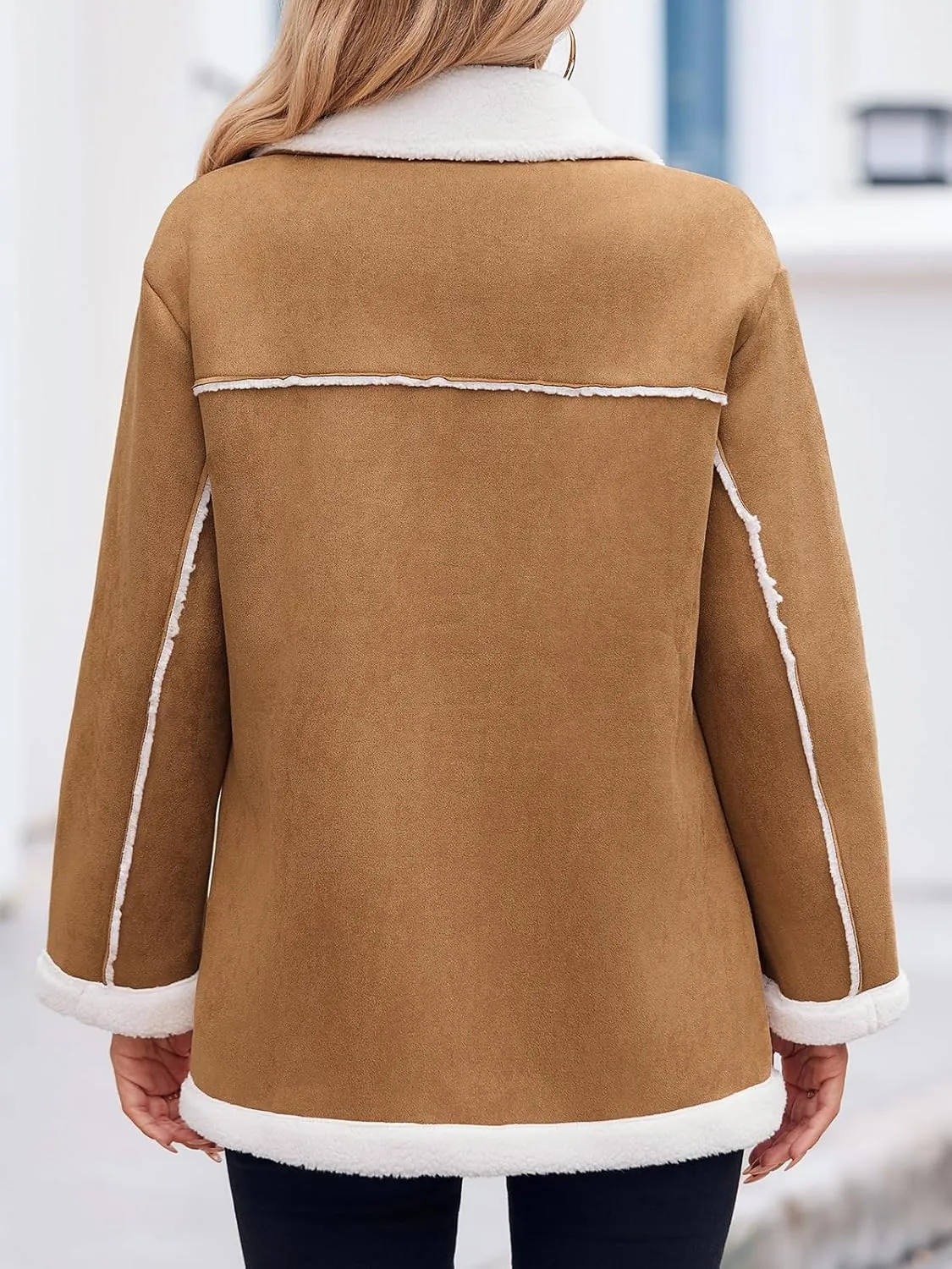 Tankaneo Womens Faux Sherpa-Lined Jackets Fuzzy Fleece Lapel Long Sleeve Coat Suede Winter Warm Outerwear