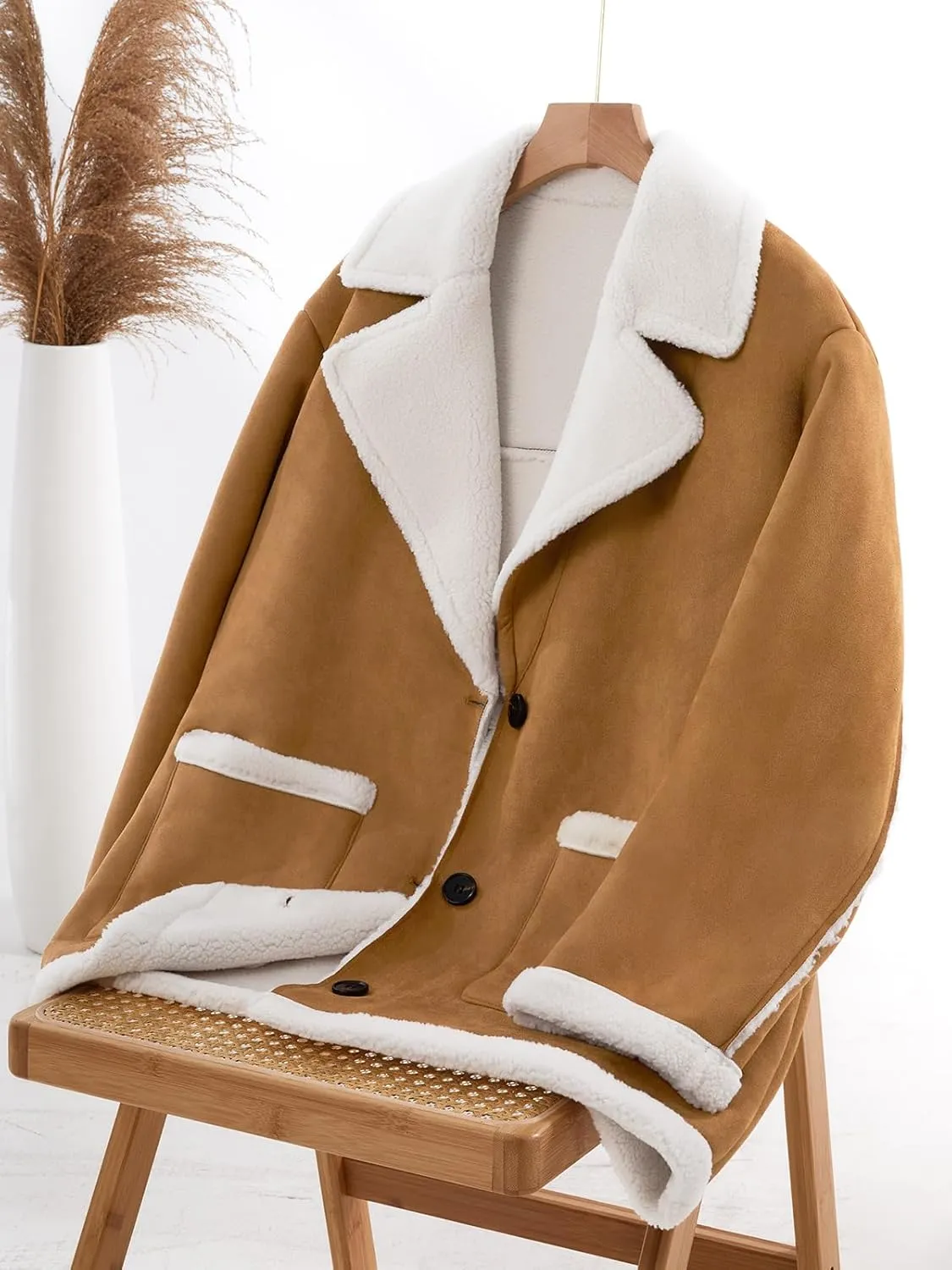 Tankaneo Womens Faux Sherpa-Lined Jackets Fuzzy Fleece Lapel Long Sleeve Coat Suede Winter Warm Outerwear