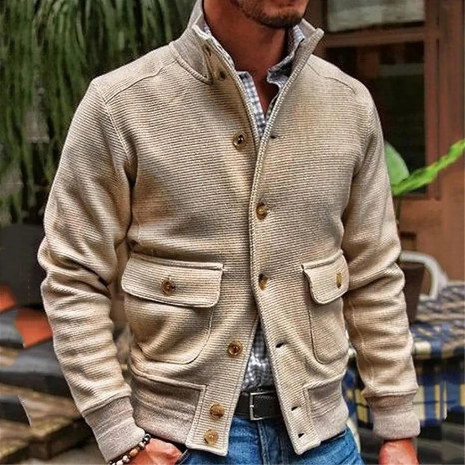 Wankang Mens Chunky Cardigan Sweater Cable Knit V Neck Casual Button Down Ribbed Sweater Jacket with Pockets for Men