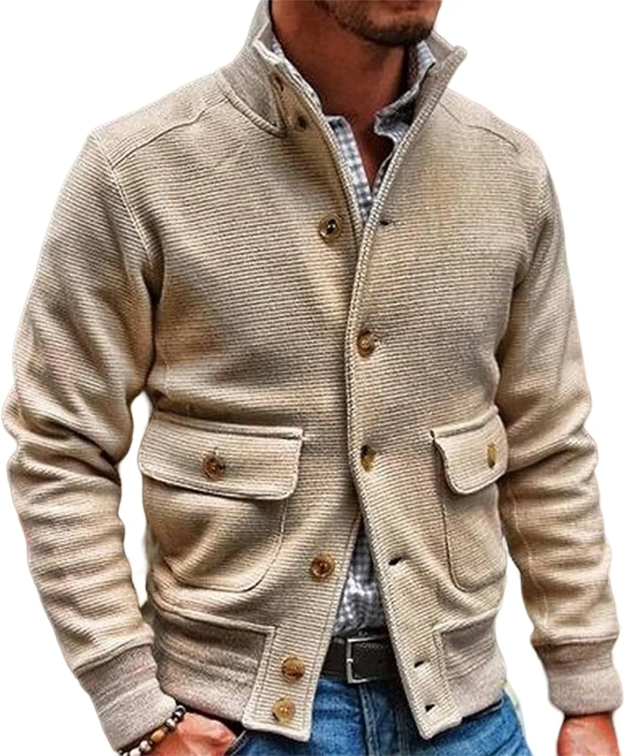Wankang Mens Chunky Cardigan Sweater Cable Knit V Neck Casual Button Down Ribbed Sweater Jacket with Pockets for Men