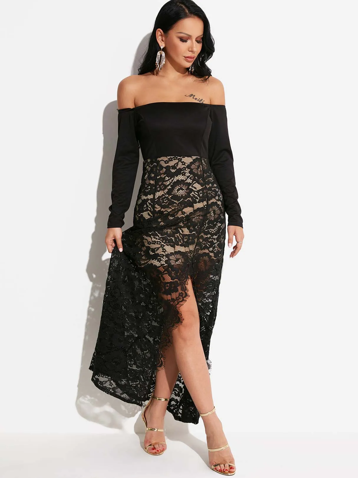 Wholesale Black Off The Shoulder Long Sleeve Lace Backless Slit See Through Dresses