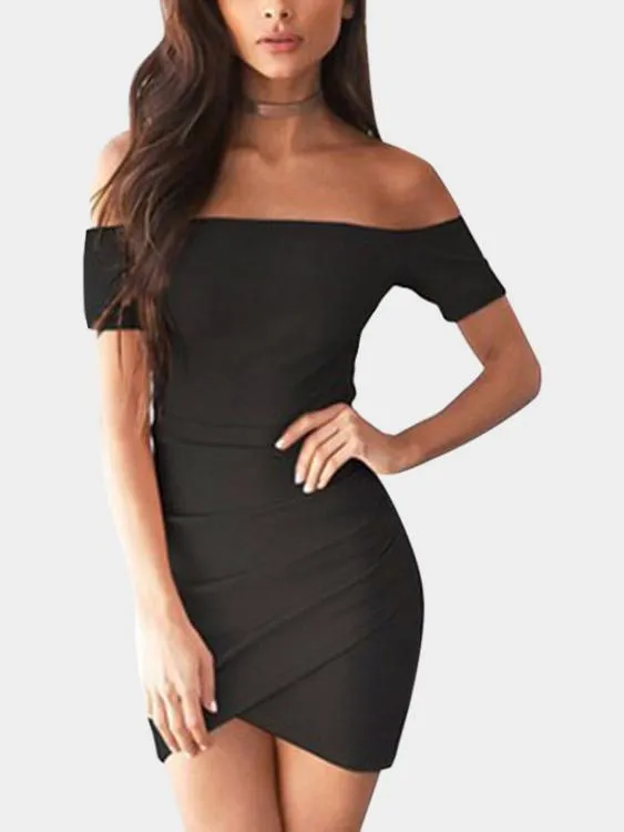 Wholesale Black Off The Shoulder Short Sleeve Crossed Front Zip Back Irregular Hem High-Waisted Dress