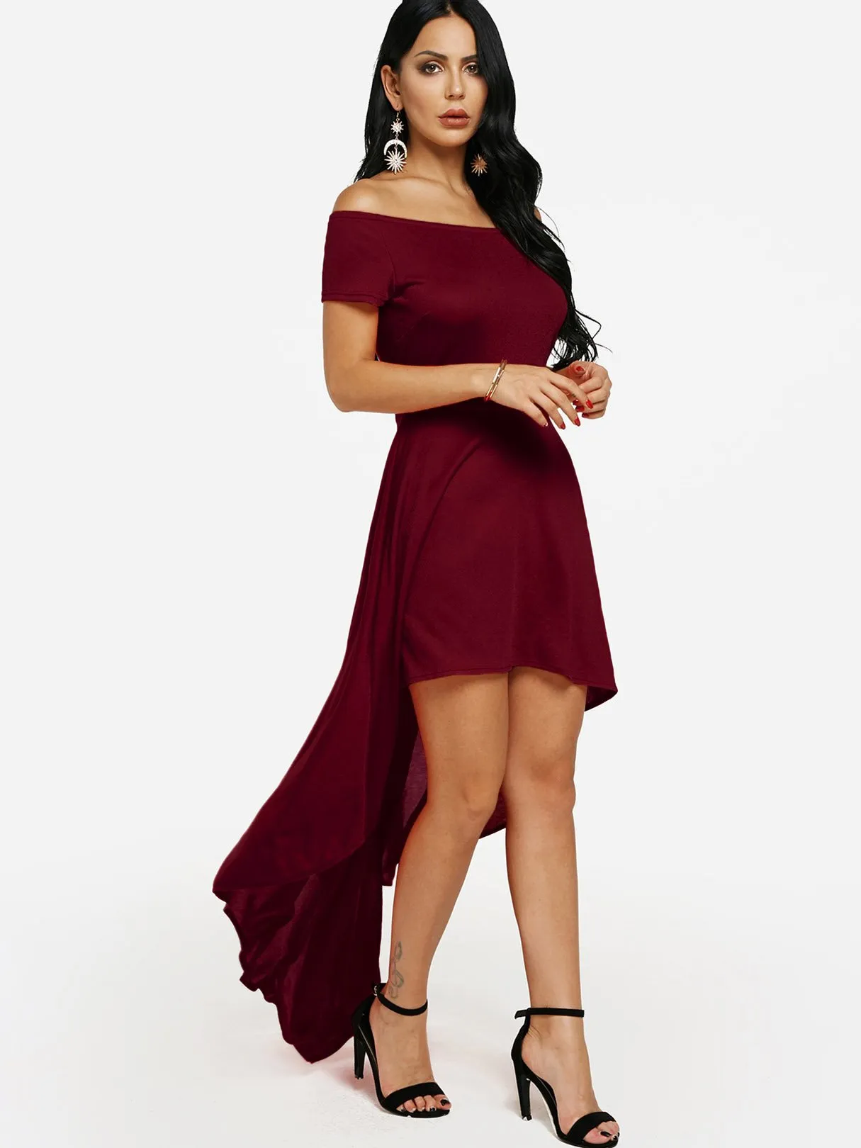 Wholesale Off The Shoulder Short Sleeve Zip Back High-Low Hem Dresses
