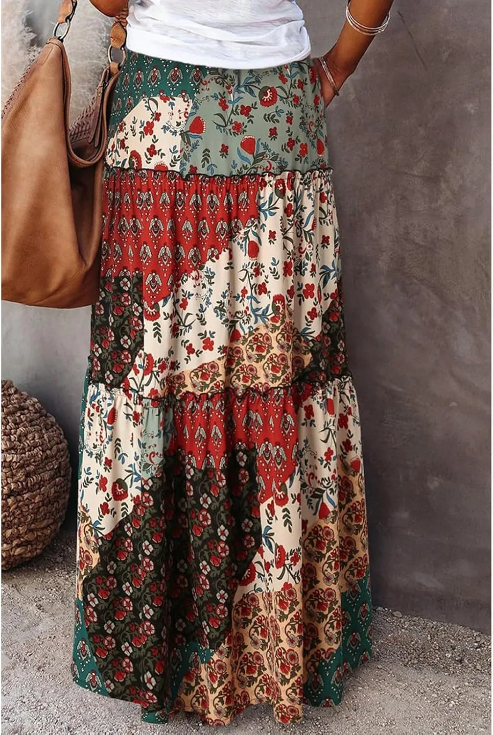 Women Boho Floral Print Maxi Skirt Summer High Waisted Tiered Long Skirts Flowy Ruffle Beach Vacation Maxi Skirts 2025