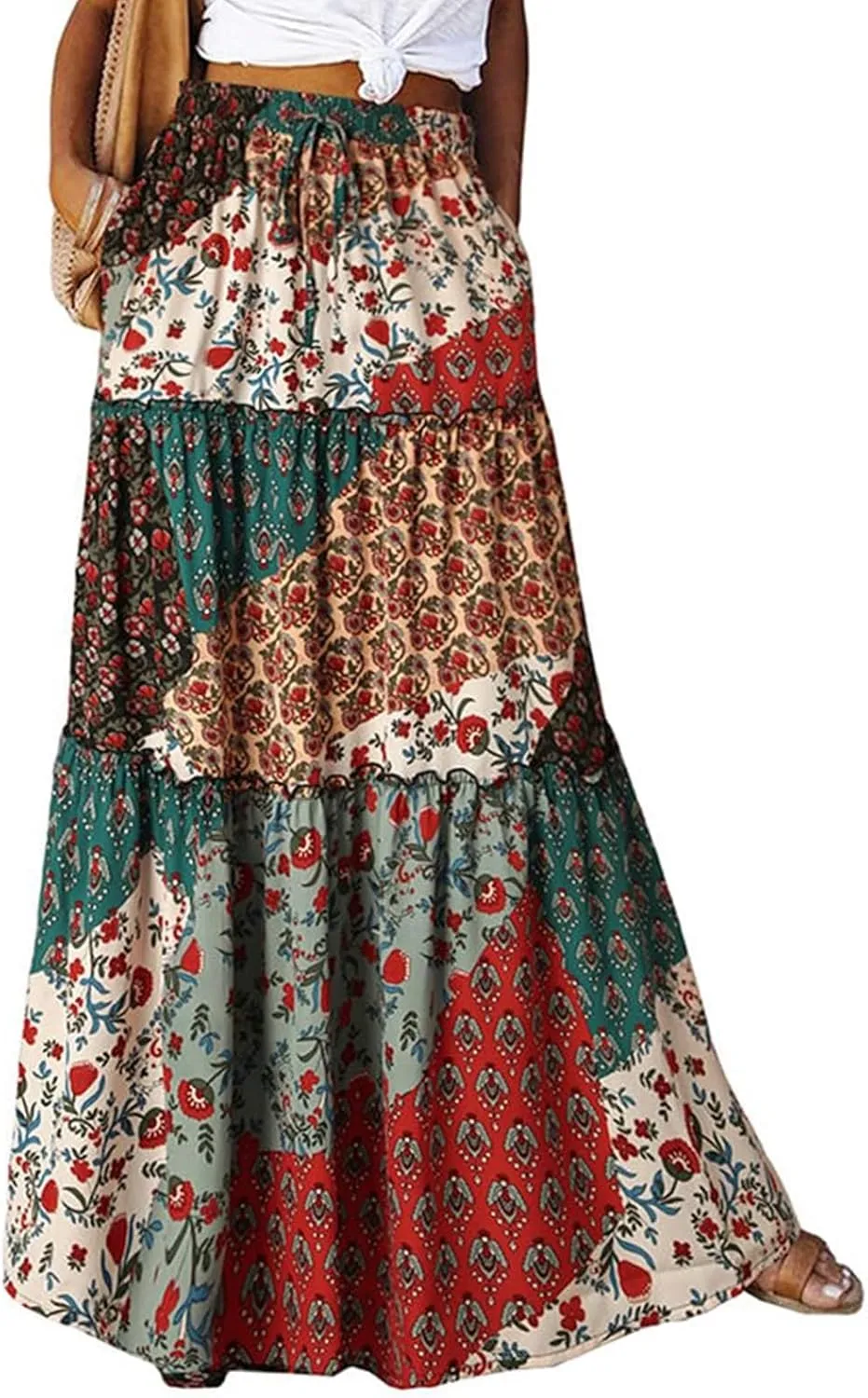 Women Boho Floral Print Maxi Skirt Summer High Waisted Tiered Long Skirts Flowy Ruffle Beach Vacation Maxi Skirts 2025