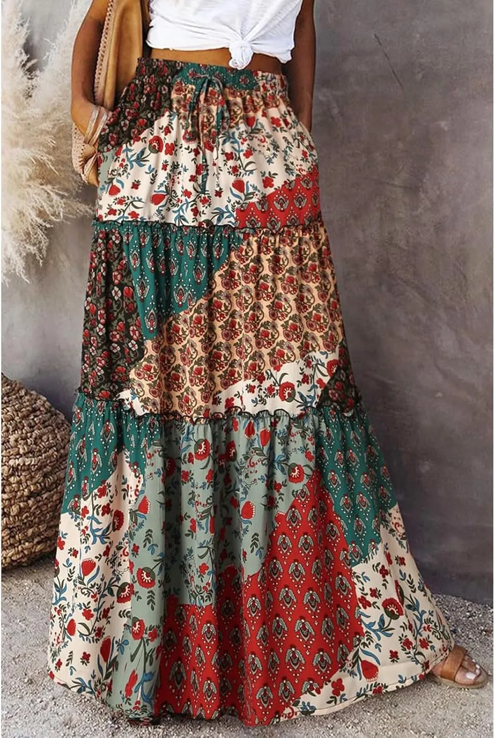 Women Boho Floral Print Maxi Skirt Summer High Waisted Tiered Long Skirts Flowy Ruffle Beach Vacation Maxi Skirts 2025