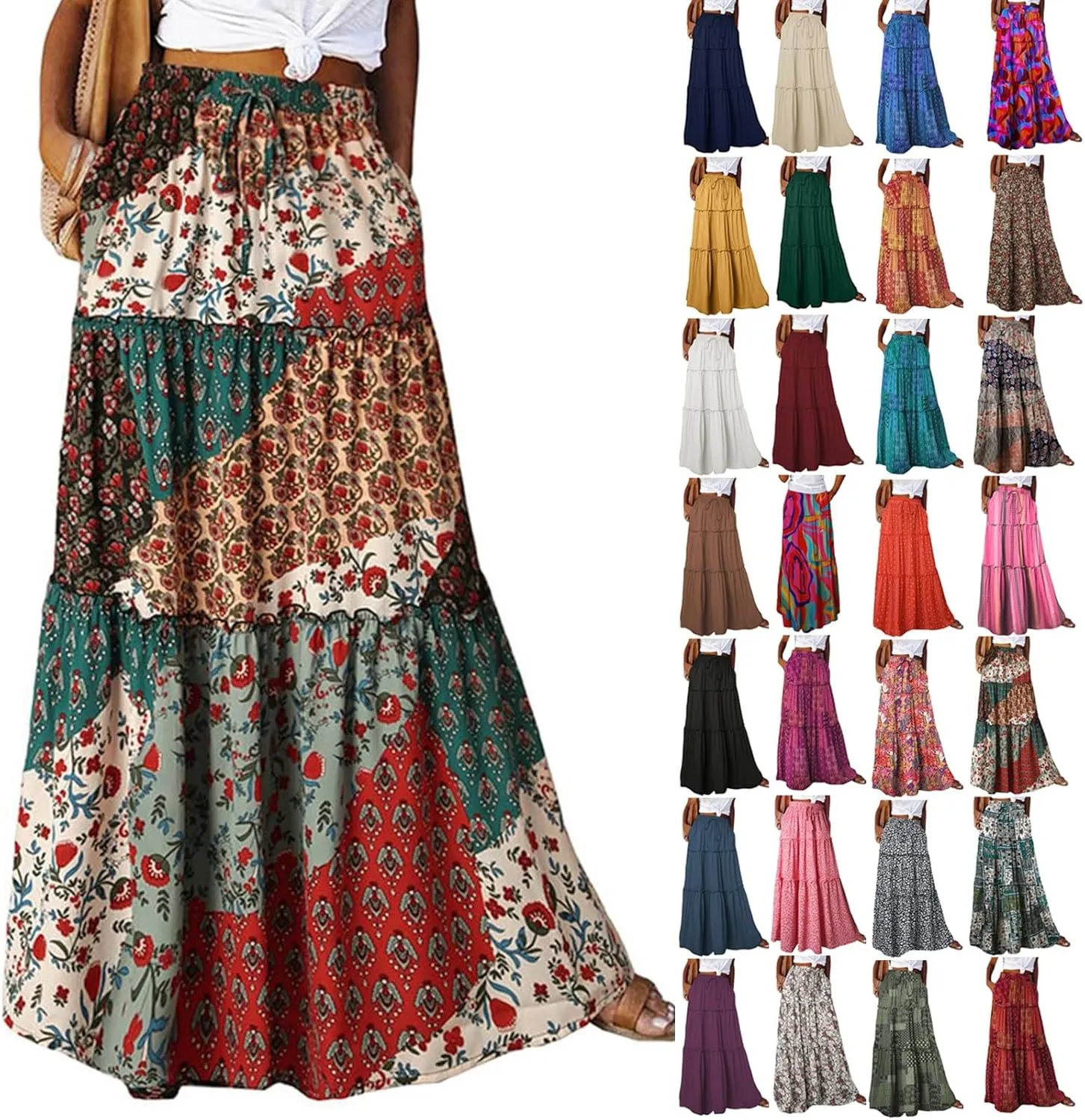 Women Boho Floral Print Maxi Skirt Summer High Waisted Tiered Long Skirts Flowy Ruffle Beach Vacation Maxi Skirts 2025