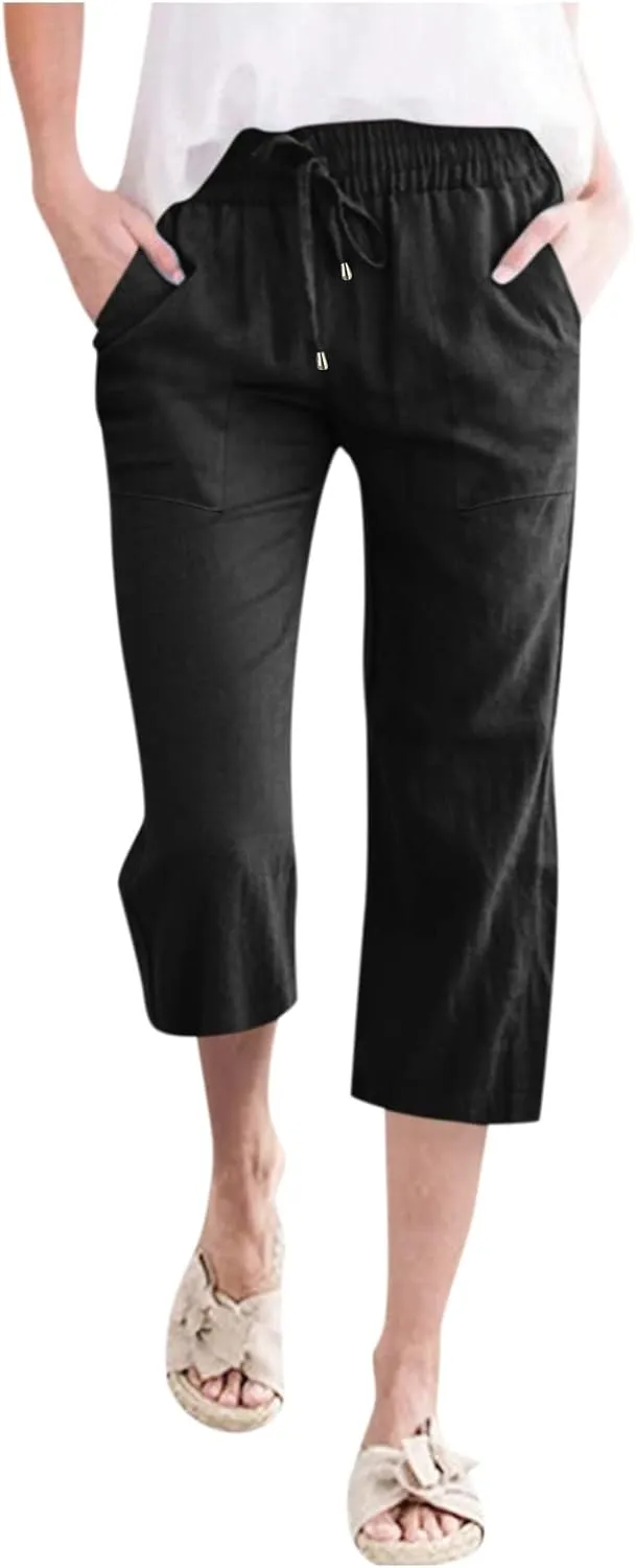 Women Capri Summer Cotton Linen Pants Casual Loose Drawstring High Waist Elastic Cropped Trousers Lounge Pants
