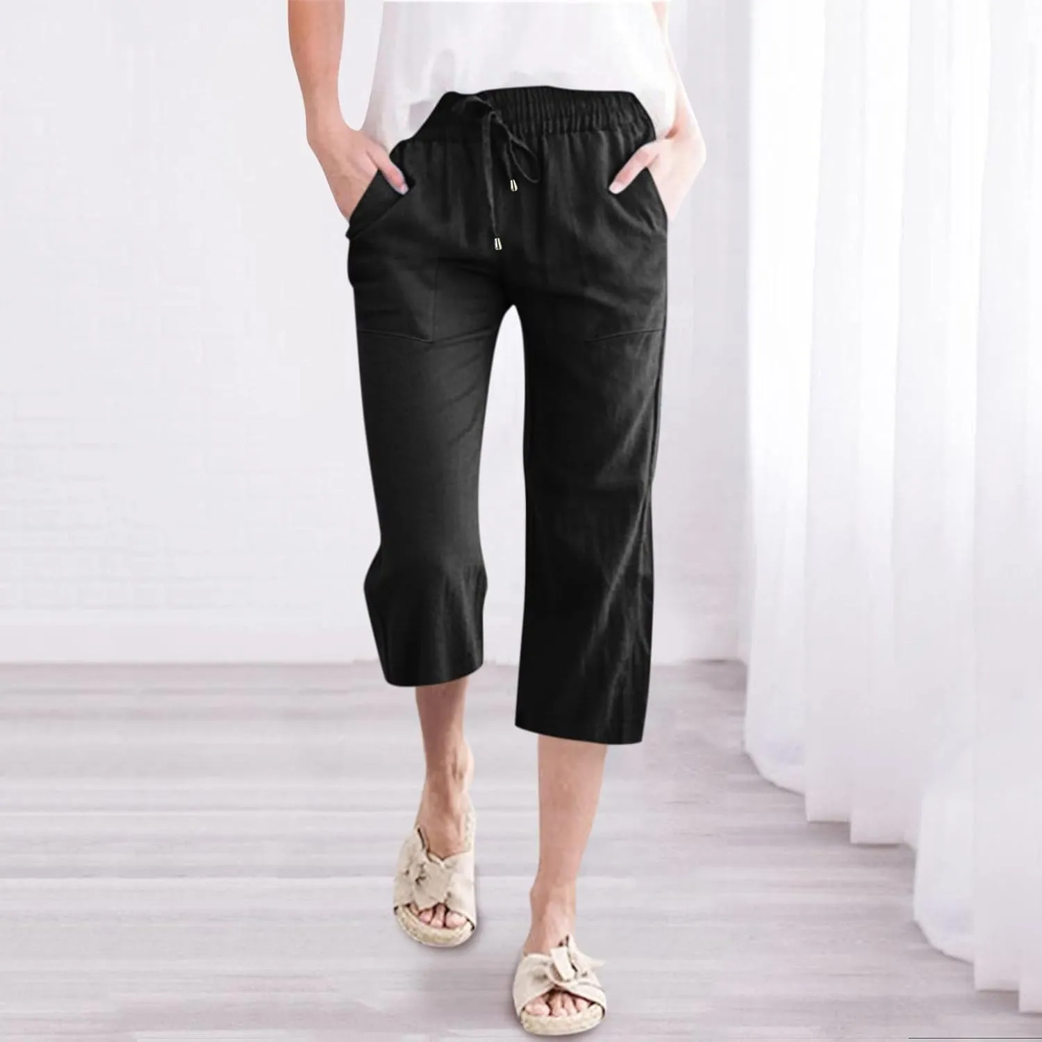Women Capri Summer Cotton Linen Pants Casual Loose Drawstring High Waist Elastic Cropped Trousers Lounge Pants