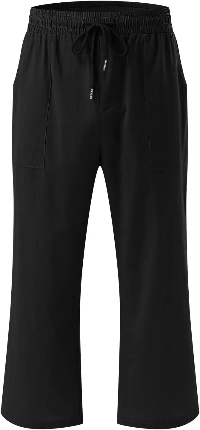 Women Capri Summer Cotton Linen Pants Casual Loose Drawstring High Waist Elastic Cropped Trousers Lounge Pants