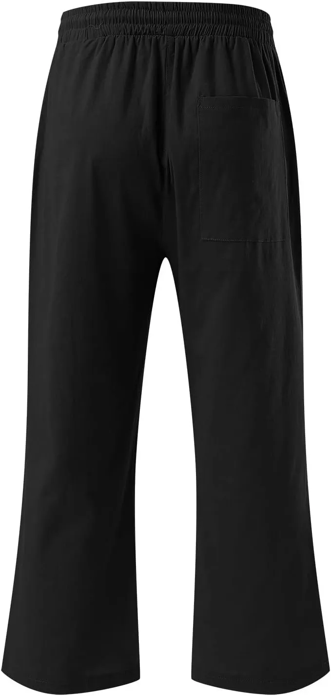Women Capri Summer Cotton Linen Pants Casual Loose Drawstring High Waist Elastic Cropped Trousers Lounge Pants