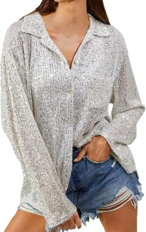Women Sequin Sparkle Glitter Tank Lapel Solid Color Casual Shirt Shimmer Party Club Cocktail Slim Fit Ruched Tops