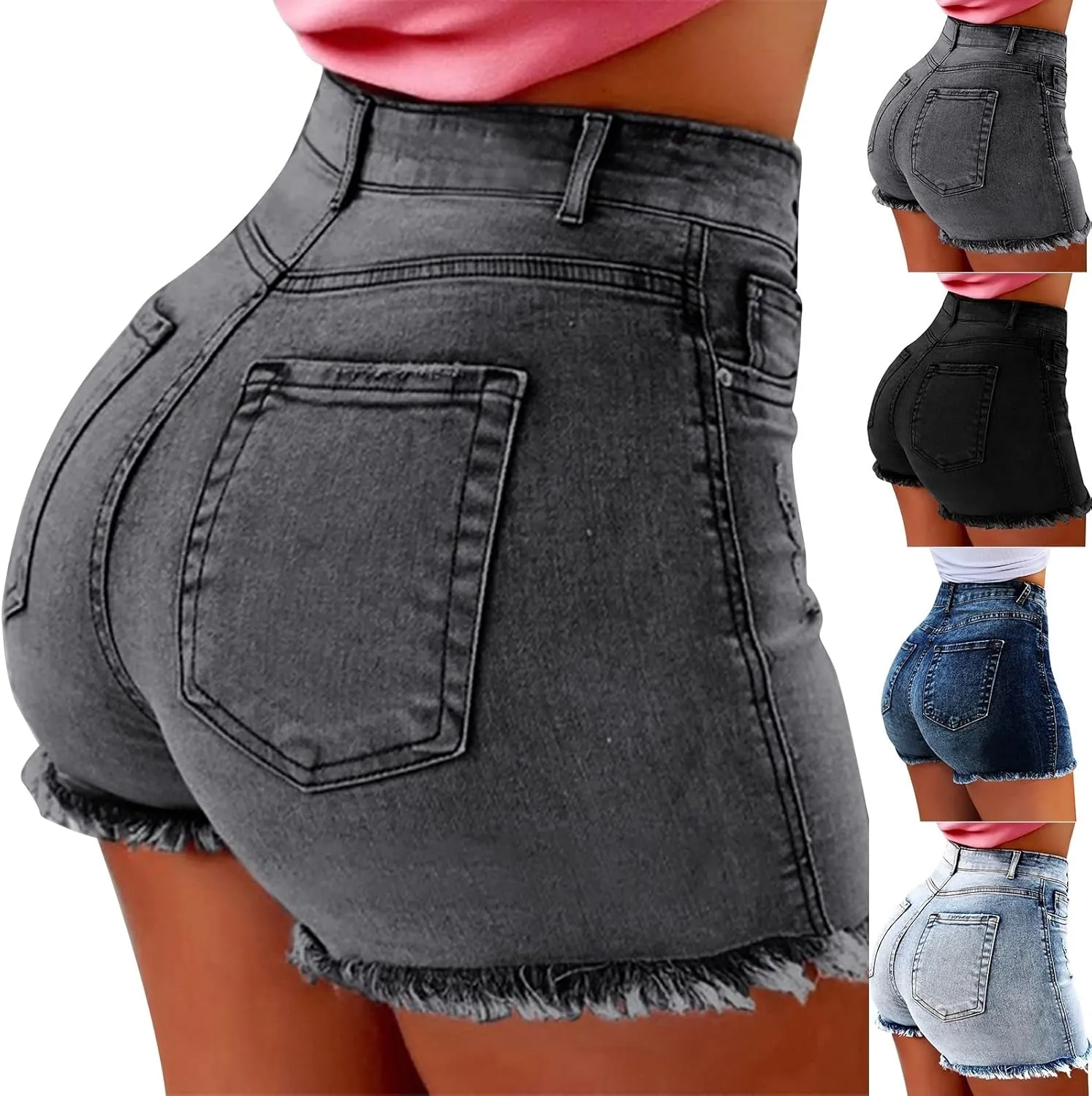 Womens Fashion High Waist Booty Jean Hot Pants Plus Size Summer Frayed Hem Fringed Stretch Butt-Lifting Denim Shorts