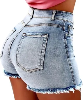 Womens Fashion High Waist Booty Jean Hot Pants Plus Size Summer Frayed Hem Fringed Stretch Butt-Lifting Denim Shorts