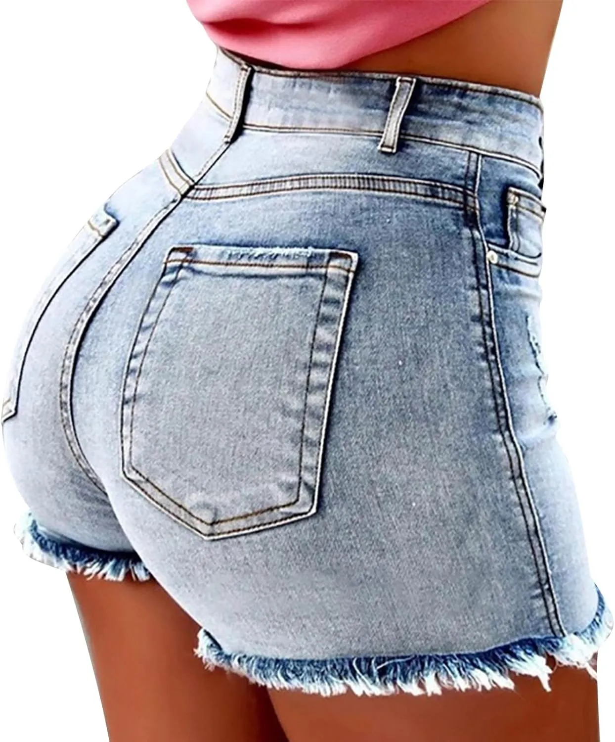 Womens Fashion High Waist Booty Jean Hot Pants Plus Size Summer Frayed Hem Fringed Stretch Butt-Lifting Denim Shorts