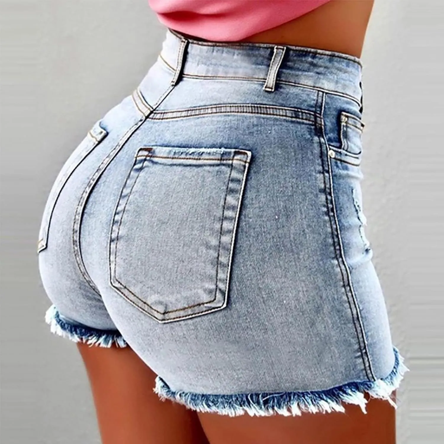 Womens Fashion High Waist Booty Jean Hot Pants Plus Size Summer Frayed Hem Fringed Stretch Butt-Lifting Denim Shorts