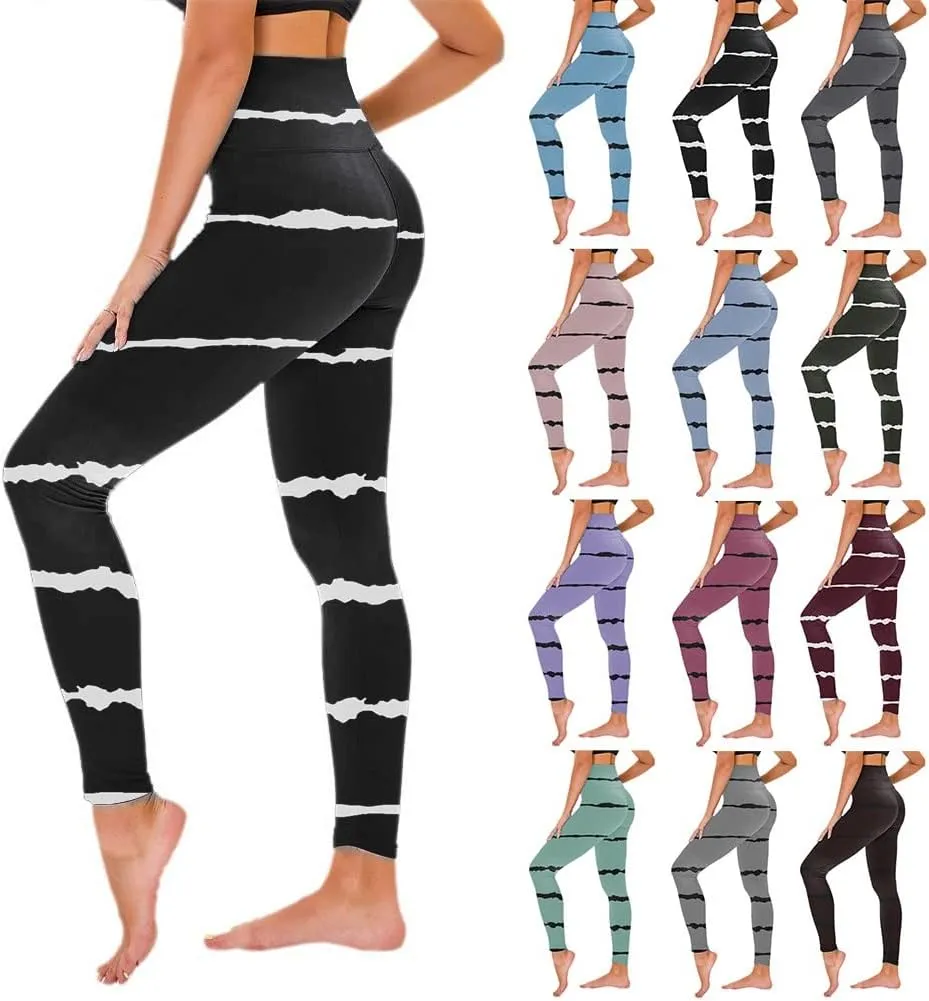 Women's High Waisted Leggings Stripe Firm Compression Yoga Leggings Pants Jogger Track Pants Workout Clothes