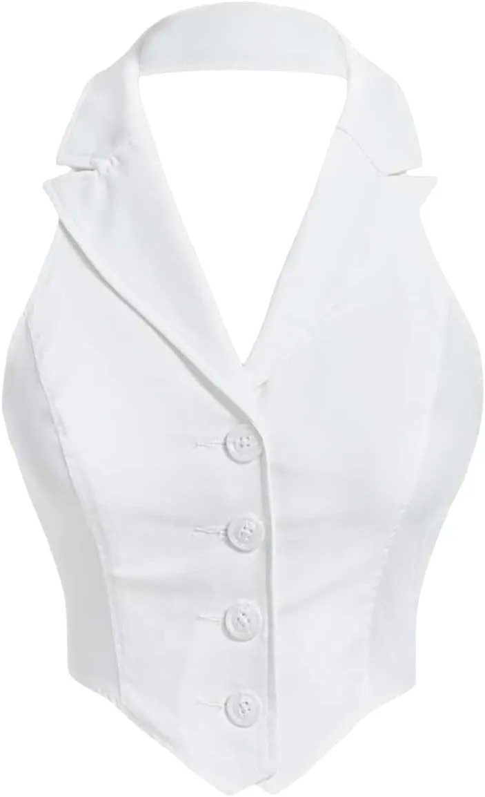 Women's Solid Asymmetrical Hem Backless Crop Tank Tops Sleeveless Casual Button Front Crop Blazer Vest
