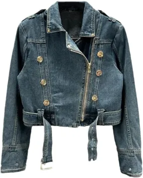 Women’S Washed Metal Button Down Collar Denim Jacket Lapel Slim Coat Full Sleeve Zipper Motorcycle Outerwear