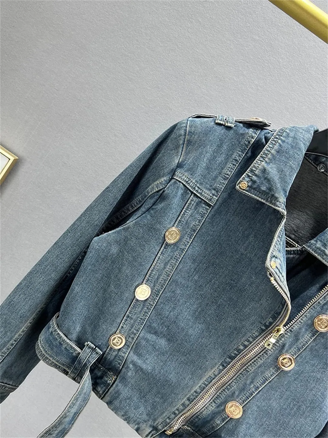 Women’S Washed Metal Button Down Collar Denim Jacket Lapel Slim Coat Full Sleeve Zipper Motorcycle Outerwear