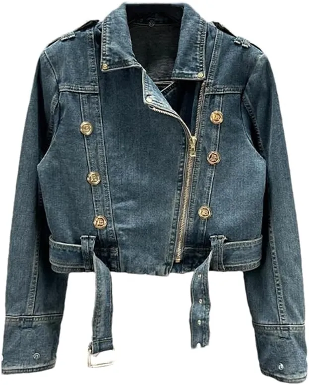 Women’S Washed Metal Button Down Collar Denim Jacket Lapel Slim Coat Full Sleeve Zipper Motorcycle Outerwear