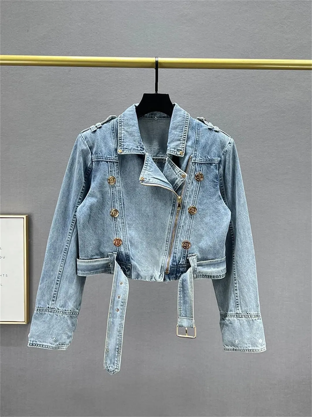 Women’S Washed Metal Button Down Collar Denim Jacket Lapel Slim Coat Full Sleeve Zipper Motorcycle Outerwear
