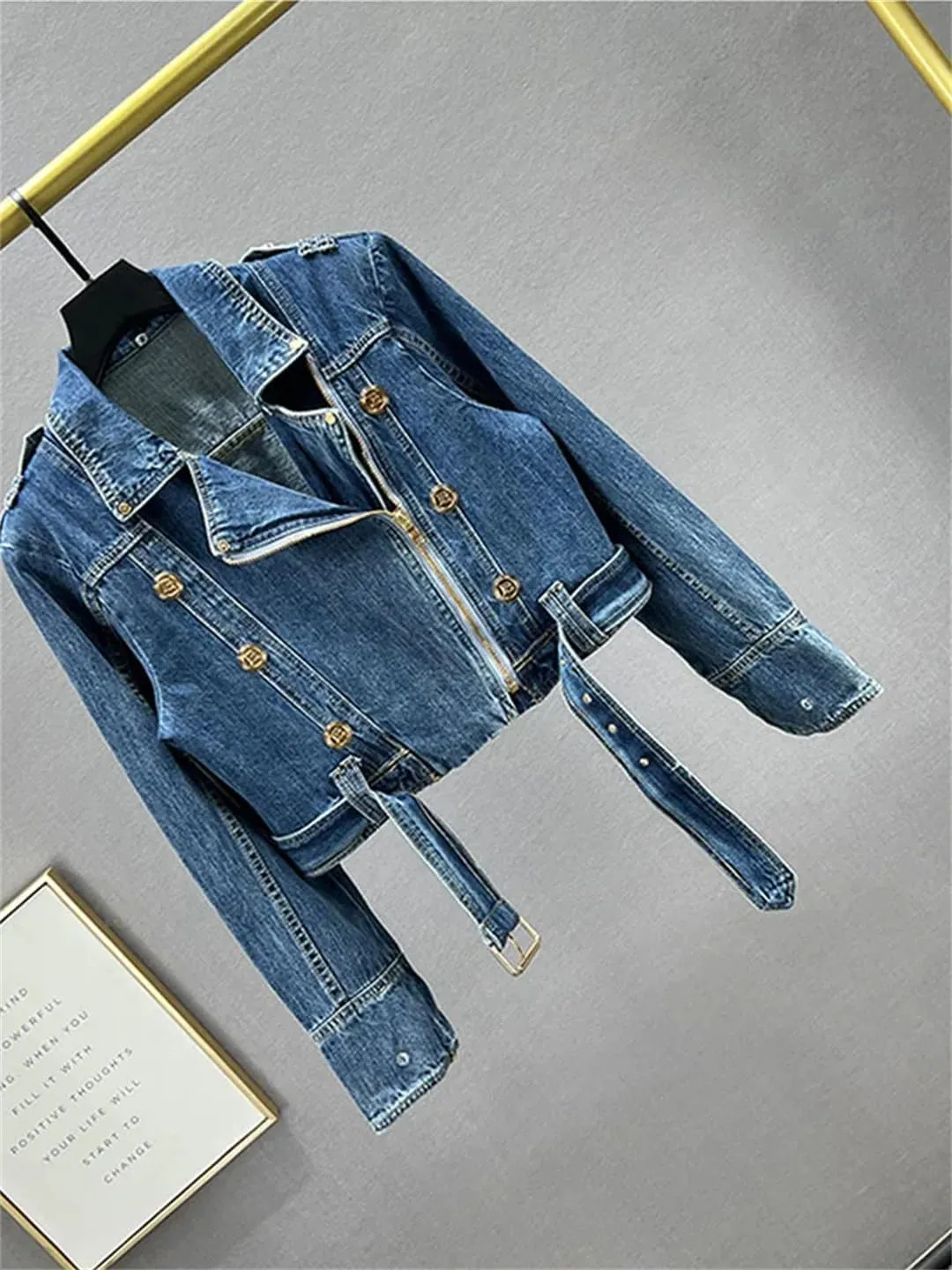 Women’S Washed Metal Button Down Collar Denim Jacket Lapel Slim Coat Full Sleeve Zipper Motorcycle Outerwear